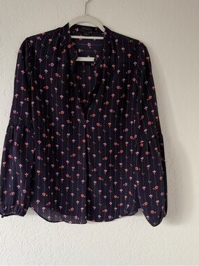 Ann Taylor Navy Floral Tie-Neck Blouse with Pink & Red Blooms